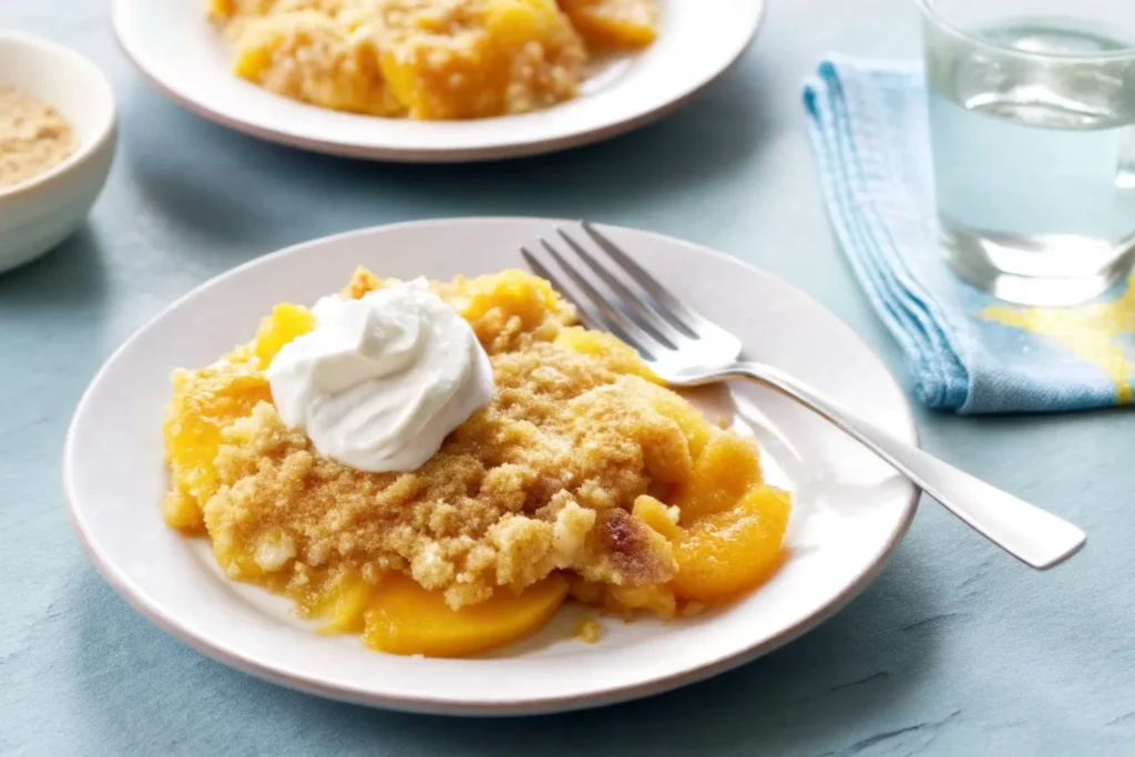 Easy peach cobbler with cake mix in rustic dish
