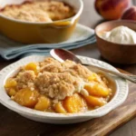Easy peach cobbler with cake mix in rustic dish