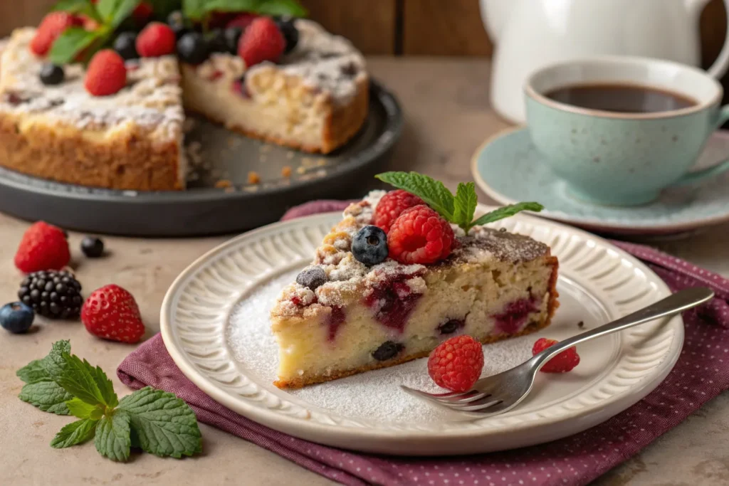 Slice of berry cake with crumb topping