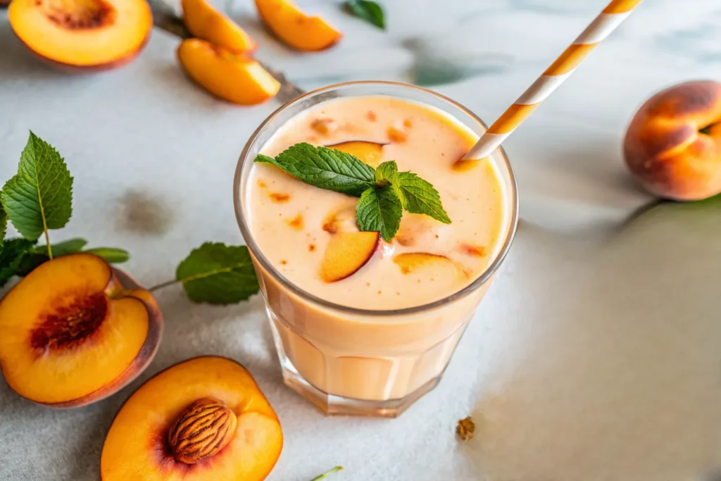 Creamy summer peach smoothie in tall glass