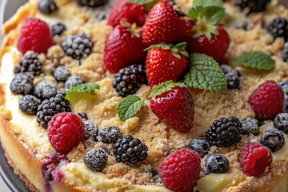 Slice of berry cake with crumb topping