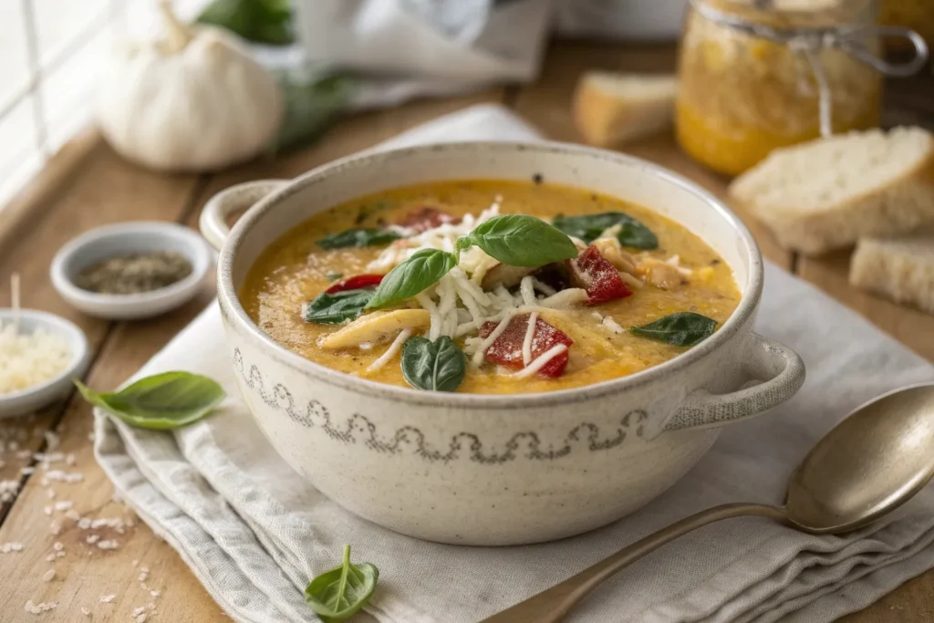 Slow Cooker Marry Me Chicken Soup served in a rustic bowl