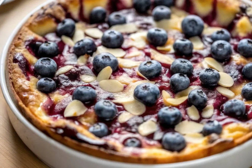Blueberry Almond Clafoutis: A Classic French Dessert with a Nutty Twist 6 Delicious Blueberry Almond Clafoutis served with fresh blueberries and almonds.