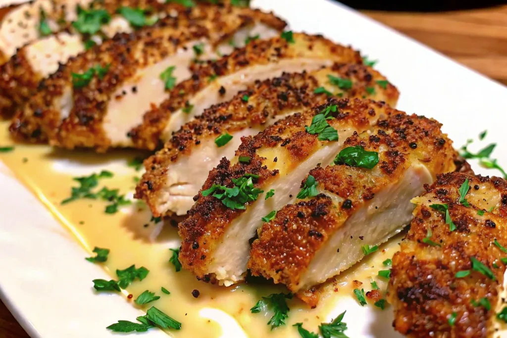 Delicious Garlic Parmesan Crusted Chicken on a plate garnished with herbs
