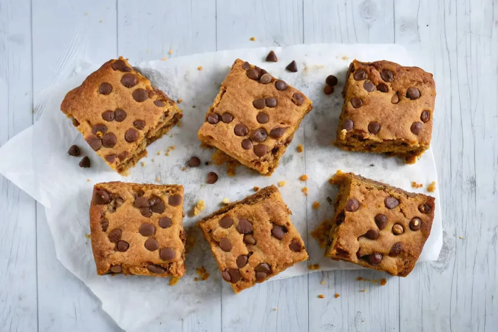 Delicious vegan chickpea blondies topped with chocolate chips on a white plate.