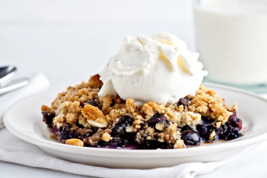 Delicious homemade blueberry crisp in a baking dish topped with oats and butter.