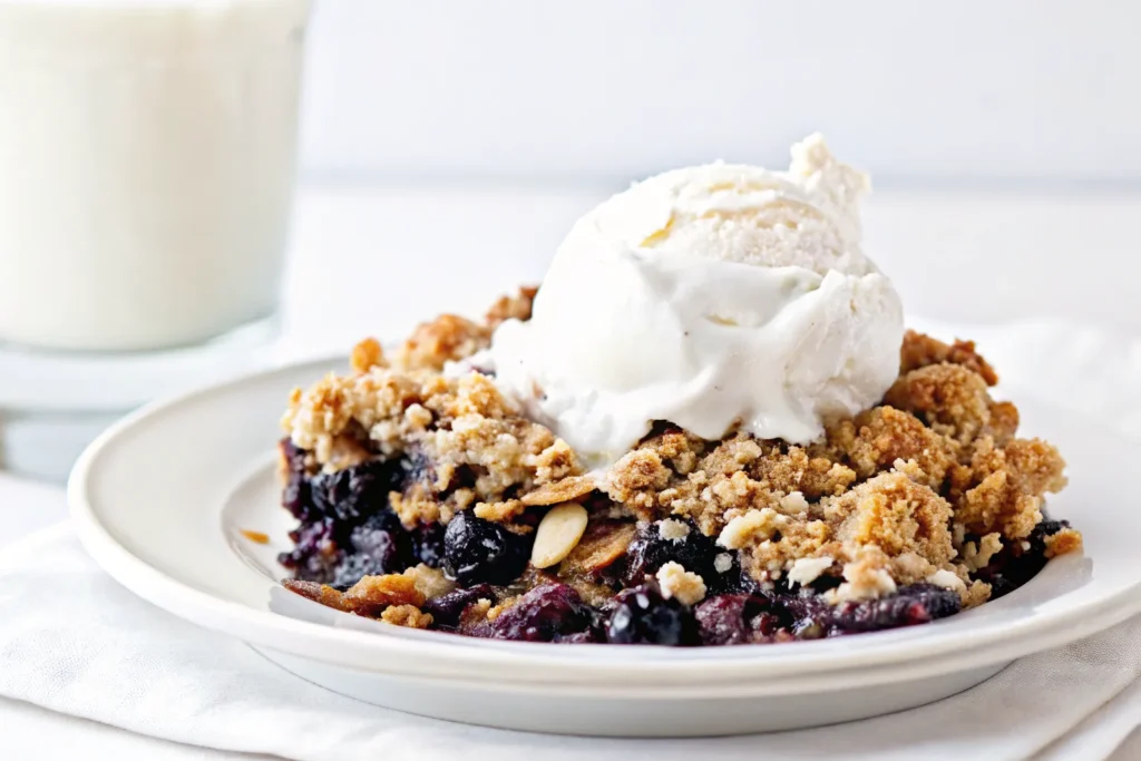 Delicious homemade blueberry crisp in a baking dish topped with oats and butter.