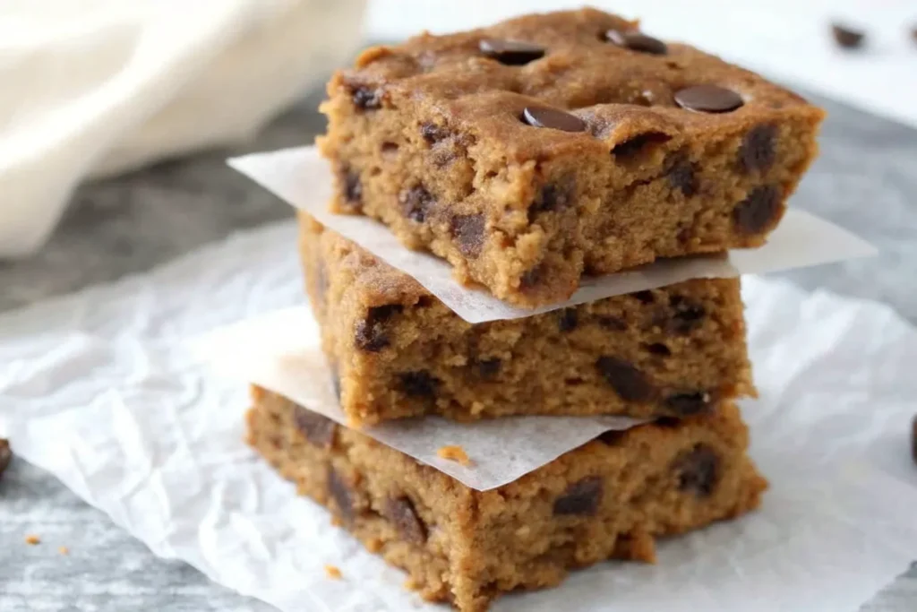 Delicious vegan chickpea blondies topped with chocolate chips on a white plate.