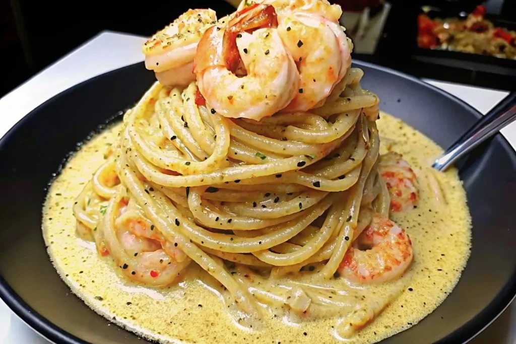 Linguine pasta served with creamy shrimp sauce and garnished with parsley.