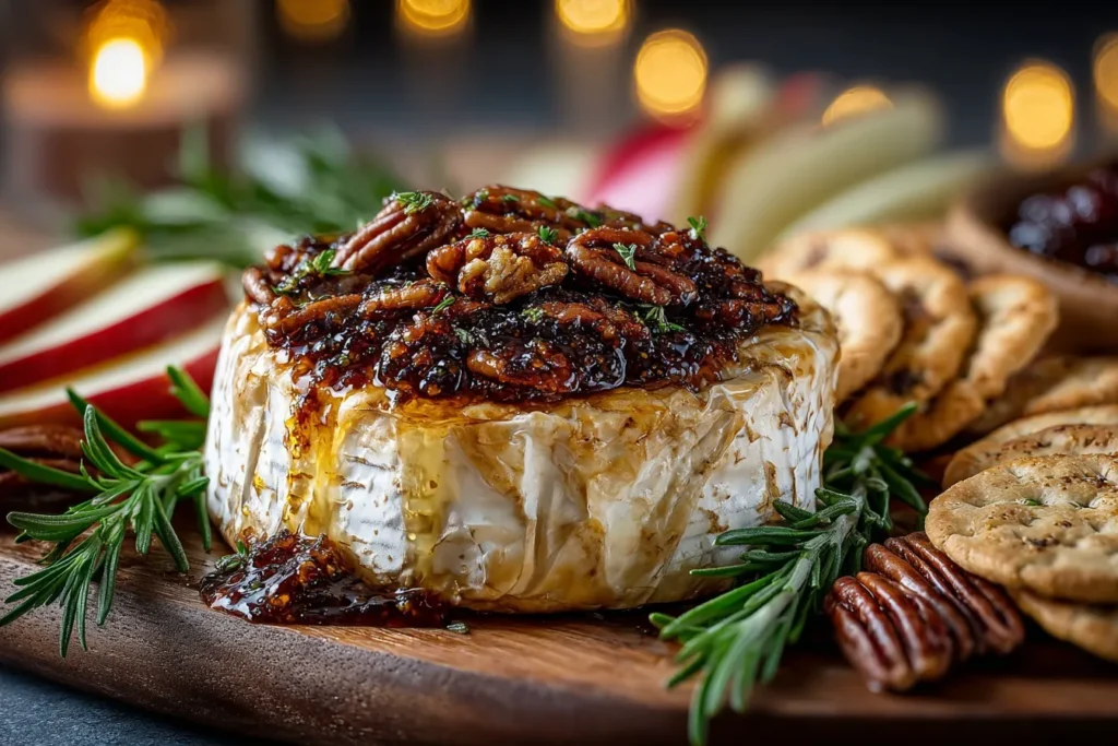 Delicious fig and pecan baked brie cheese dish served warm.