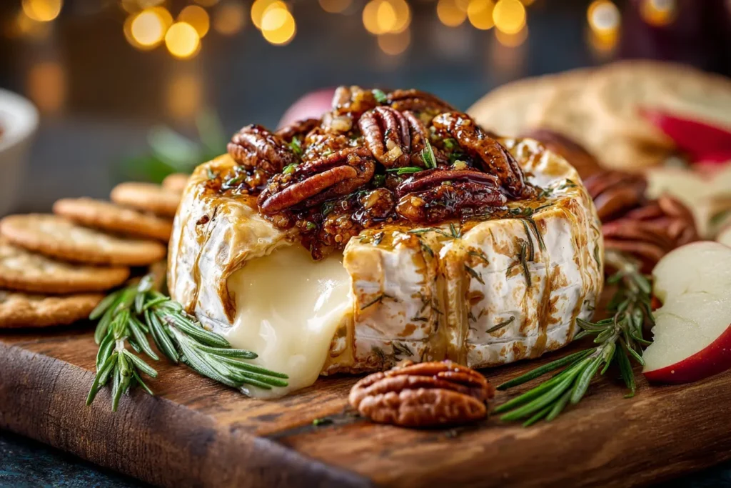 Delicious fig and pecan baked brie cheese dish served warm.