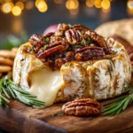 Delicious fig and pecan baked brie cheese dish served warm.