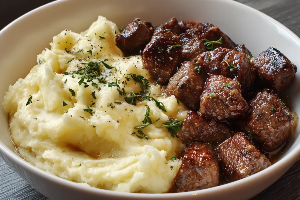 Garlic Butter Steak Bites with Creamy Mashed Potatoes : A Comfort Food Favorite 1 Easy Garlic Butter Steak Bites Recipe Best Creamy Mashed Potatoes For Steak Garlic Butter Steak Bites Cooking Time Low Car...