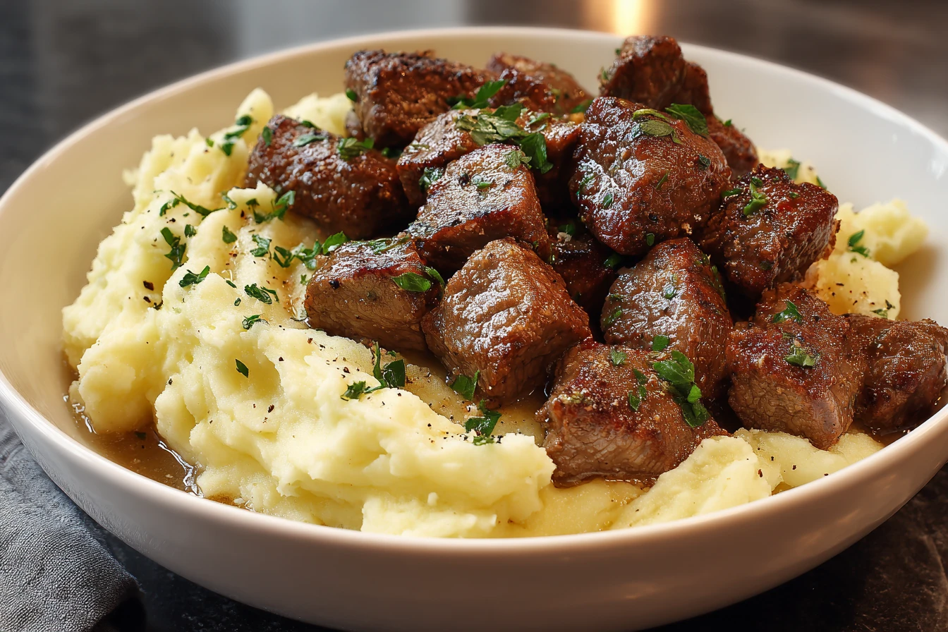 Garlic Butter Steak Bites with Creamy Mashed Potatoes : A Comfort Food Favorite 3 Easy Garlic Butter Steak Bites Recipe Best Creamy Mashed Potatoes For Steak Garlic Butter Steak Bites Cooking Time Low Car...