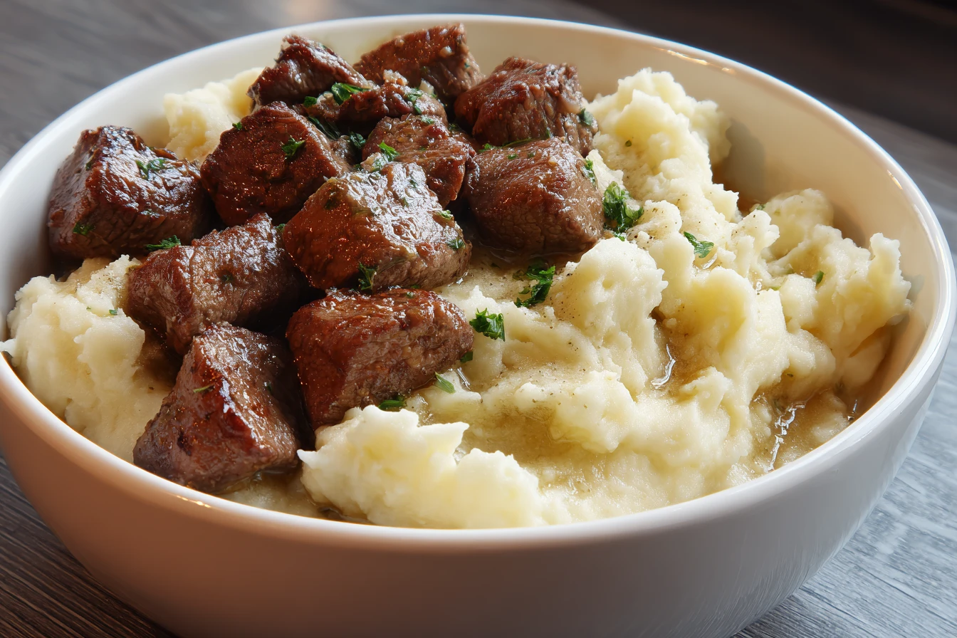 Garlic Butter Steak Bites with Creamy Mashed Potatoes : A Comfort Food Favorite 2 Easy Garlic Butter Steak Bites Recipe Best Creamy Mashed Potatoes For Steak Garlic Butter Steak Bites Cooking Time Low Car...