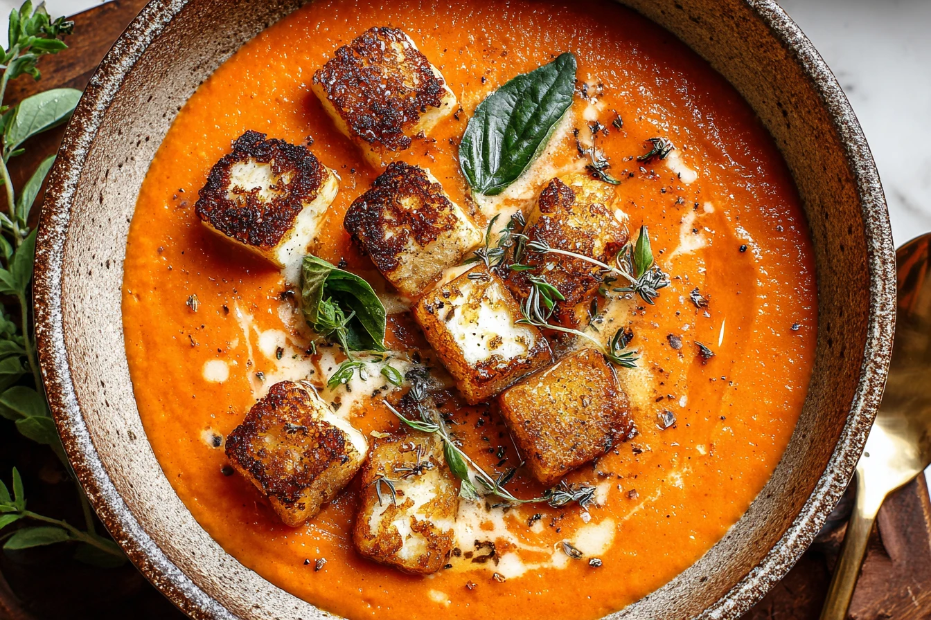 High-protein White Bean Tomato Soup Recipe Creamy Tomato Bean Soup With Halloumi Vegetarian Soup With Crispy Halloumi Crou...