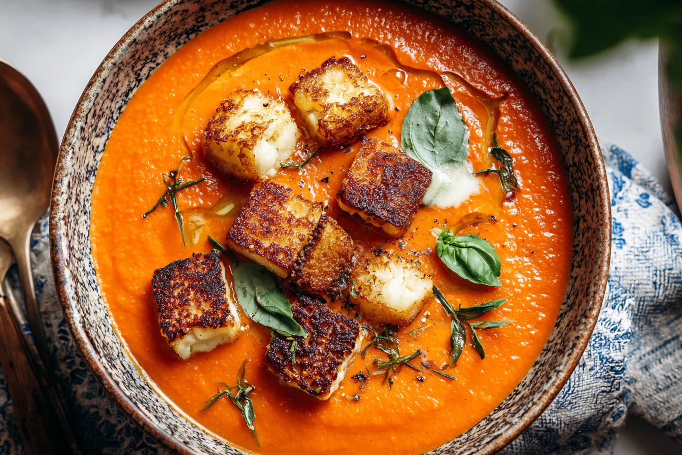 High-protein White Bean Tomato Soup Recipe Creamy Tomato Bean Soup With Halloumi Vegetarian Soup With Crispy Halloumi Crou...