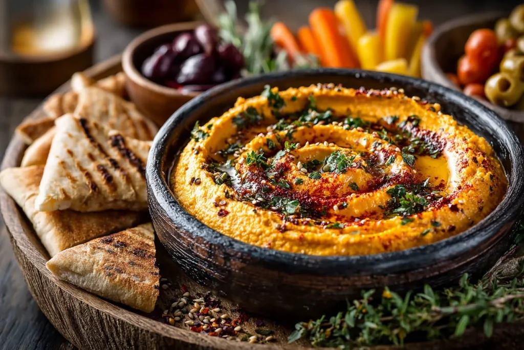 Sweet Potato Hummus Mezze Platter (Easy & Healthy Recipe) 5 Sweet Potato Hummus Mezze Recipe Best Sweet Potato Hummus Platter Sweet Potato Hummus Dipping Ideas Healthy Sweet Potato H...