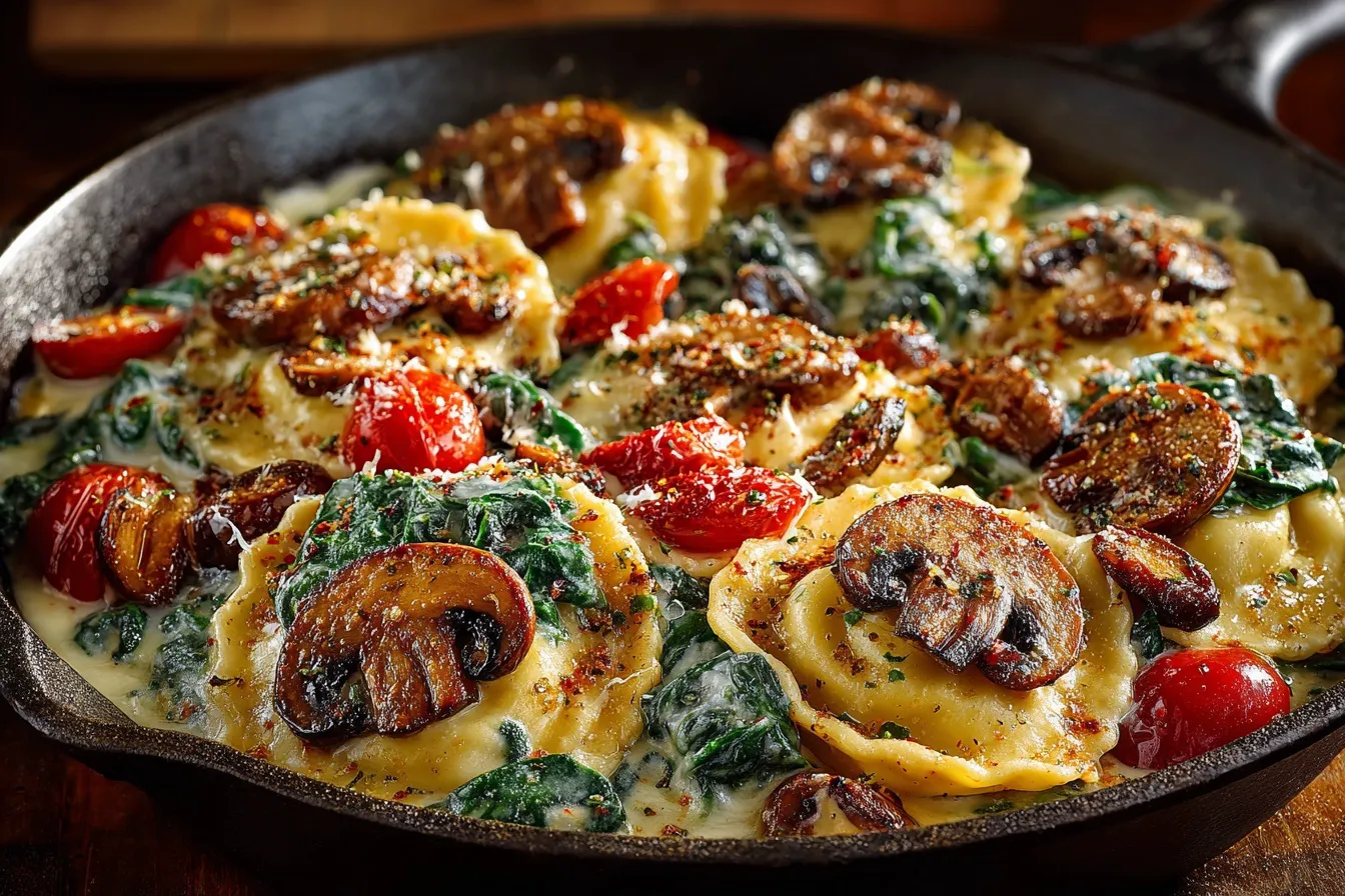 Cheesy Ravioli with Spinach, Mushrooms & Tomatoes: Creamy, Cozy & Full of Flavor
