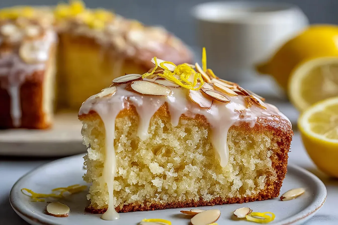 Flourless lemon almond cake with fresh lemon slices and almond decorations.