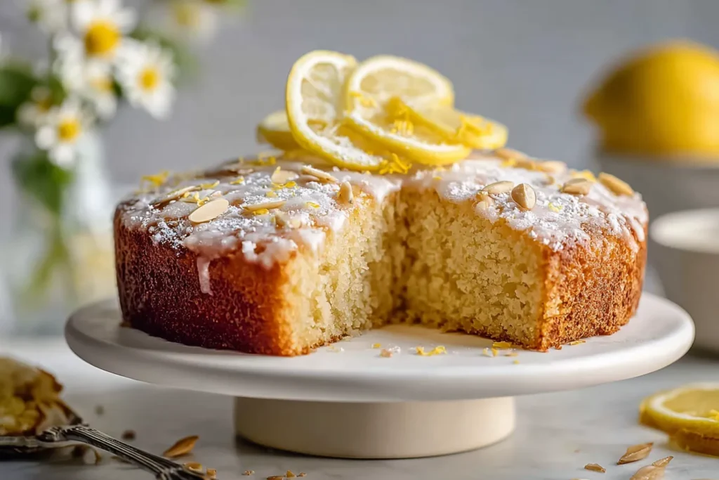 Flourless lemon almond cake with fresh lemon slices and almond decorations.