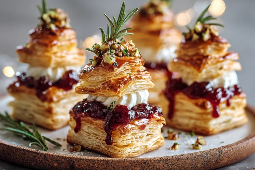 Puff Pastry Trees with Burrata & Cranberry Glaze 1 Puff Pastry Trees Burrata Recipe Cranberry Glaze Puff Pastry Appetizer Holiday Puff Pastry Treats Gourmet Burrata Puff Pas...