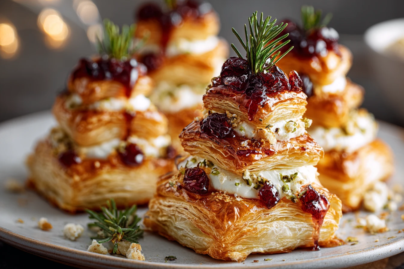 Puff Pastry Trees with Burrata & Cranberry Glaze 3 Puff Pastry Trees Burrata Recipe Cranberry Glaze Puff Pastry Appetizer Holiday Puff Pastry Treats Gourmet Burrata Puff Pas...