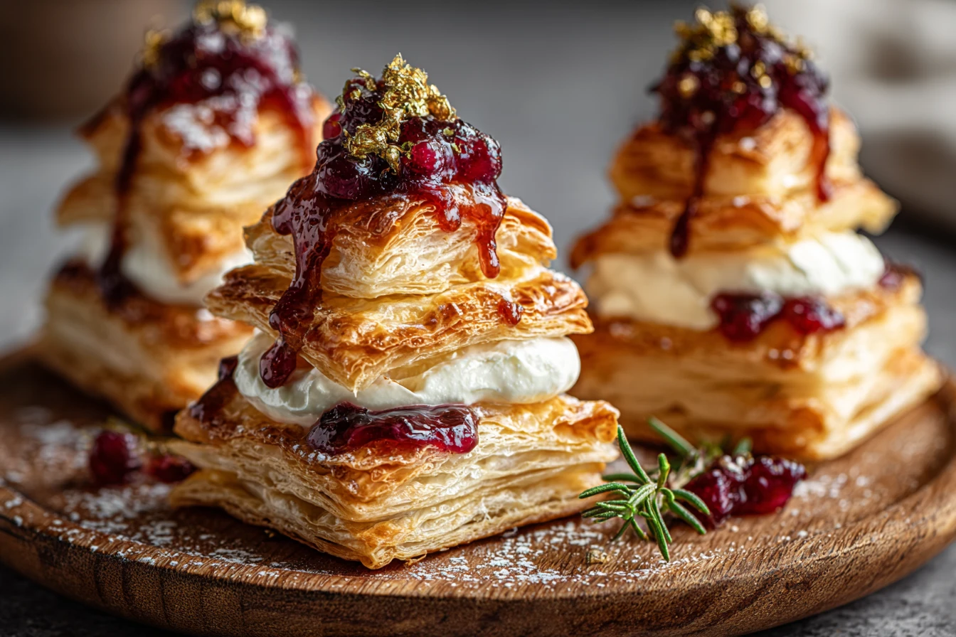 Puff Pastry Trees with Burrata & Cranberry Glaze 2 Puff Pastry Trees Burrata Recipe Cranberry Glaze Puff Pastry Appetizer Holiday Puff Pastry Treats Gourmet Burrata Puff Pas...