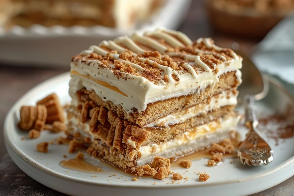 A delicious slice of 4 Ingredient Biscoff Icebox Cake topped with whipped cream and Biscoff crumbs