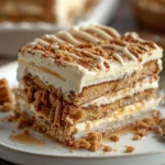 A delicious slice of 4 Ingredient Biscoff Icebox Cake topped with whipped cream and Biscoff crumbs