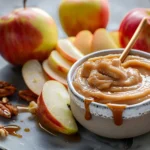 A creamy caramel apple dip served in a bowl with sliced apples and caramel drizzle