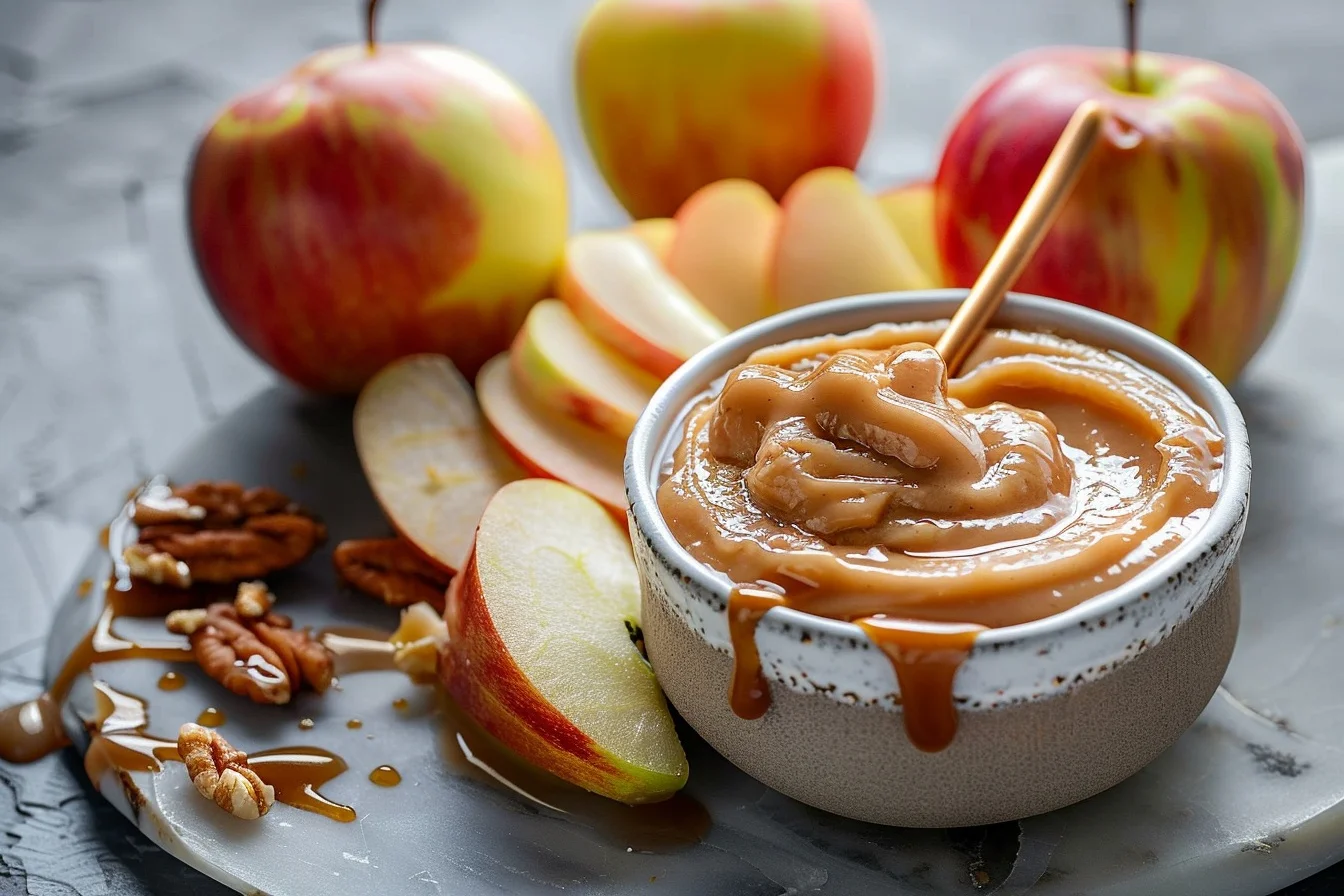 A creamy caramel apple dip served in a bowl with sliced apples and caramel drizzle