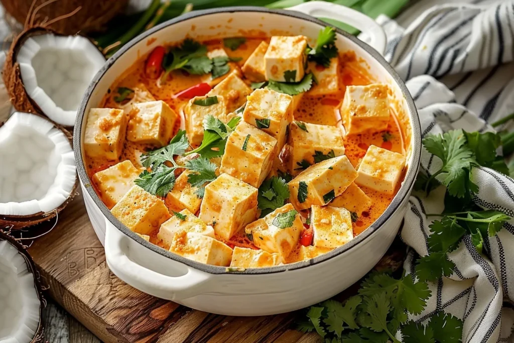 A vibrant plate of coconut tofu garnished with fresh herbs and served with rice