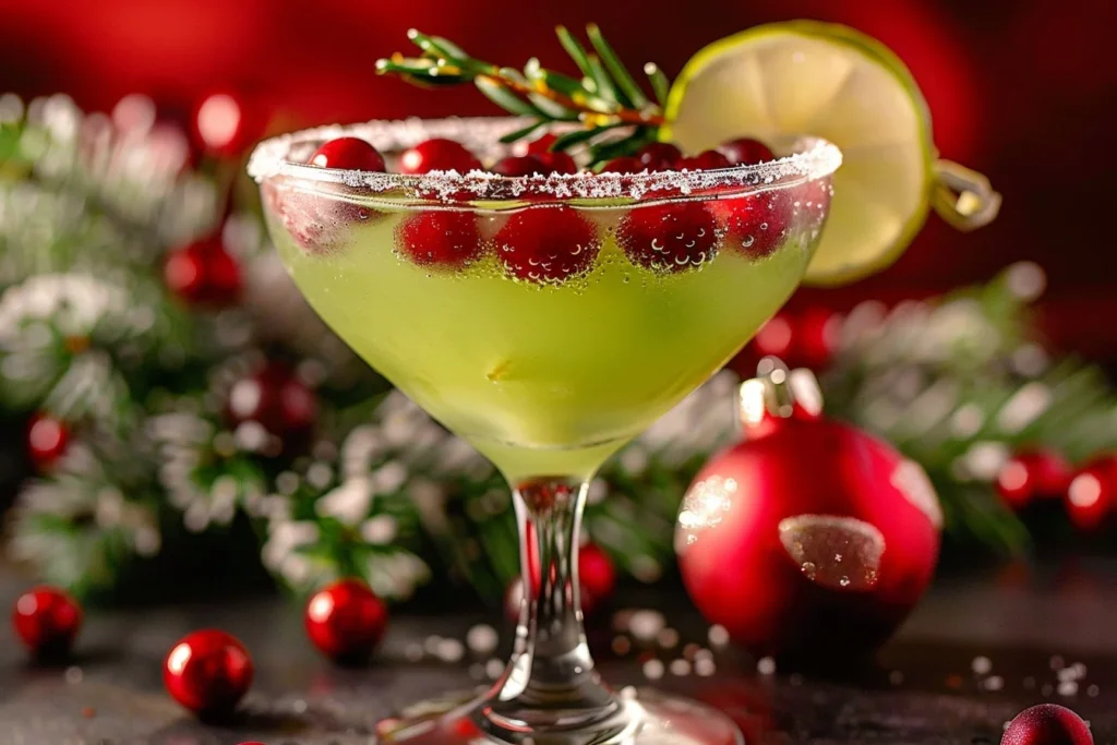 A vibrant green Christmas Mistletoe Margarita served in a festive glass with a sugar rim and garnished with a sprig of mistletoe