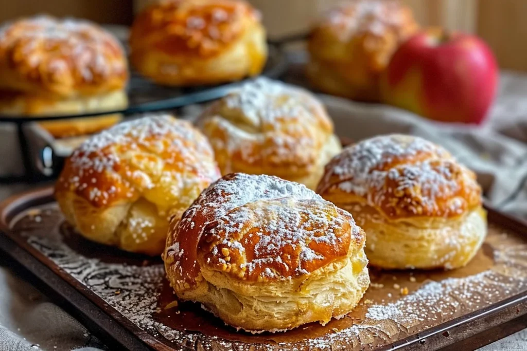 Golden brown Air Fryer Apple Pie Bombs on a white plate with a scoop of vanilla ice cream