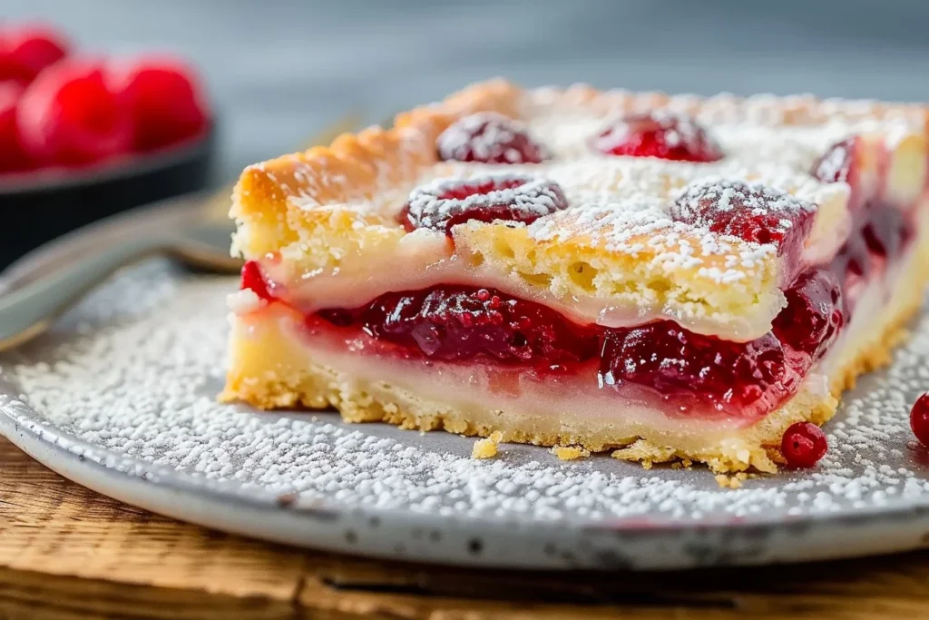 Bakewell Slice 1 A freshly baked Bakewell Slice topped with icing and cherries on a rustic wooden table