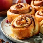 Freshly baked brioche cinnamon rolls topped with caramelized apples and drizzled with icing