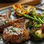 Juicy broiled lamb chops served with golden roasted potatoes and vibrant green broccoli on a white plate
