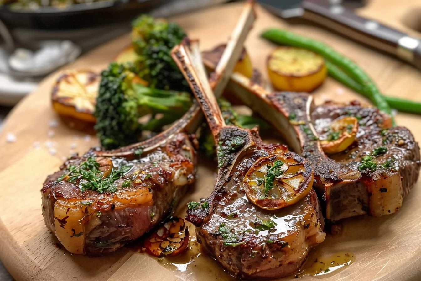 Broiled Lamb Chops With Roasted Vegetables 3 broiled lamb chops with roasted potatoes and broccoli middle