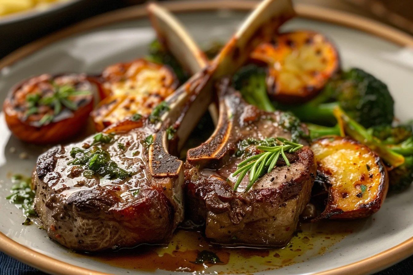 Broiled Lamb Chops With Roasted Vegetables 2 broiled lamb chops with roasted potatoes and broccoli top