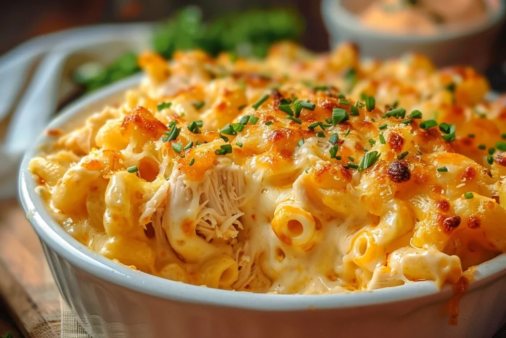 A creamy bowl of Buffalo Chicken Mac and Cheese topped with crispy breadcrumbs and garnished with green onions