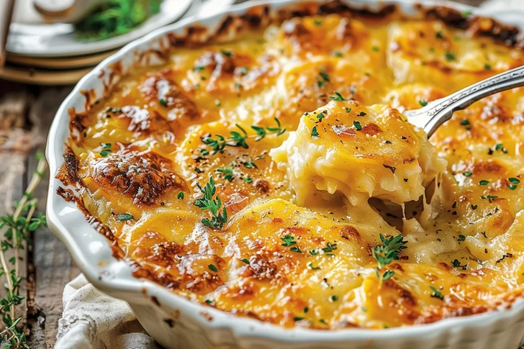 Golden brown cheesy au gratin potatoes topped with melted cheese and herbs in a baking dish