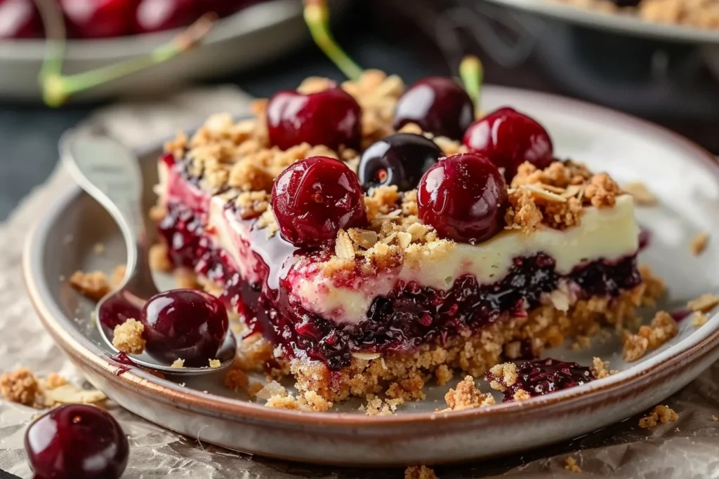 A freshly baked cherry crumble in a white ceramic dish, topped with golden brown crumble and surrounded by fresh cherries.
