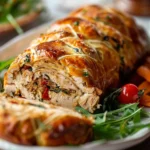 A beautifully plated Chicken Meatloaf Wellington with golden pastry crust, garnished with fresh herbs and served on a wooden board.