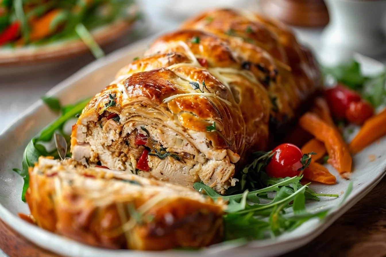 A beautifully plated Chicken Meatloaf Wellington with golden pastry crust, garnished with fresh herbs and served on a wooden board.