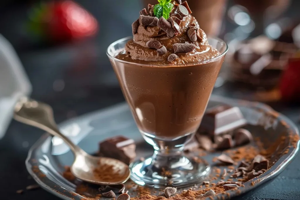 A rich and creamy chocolate mousse topped with whipped cream and chocolate shavings in a glass dessert bowl.
