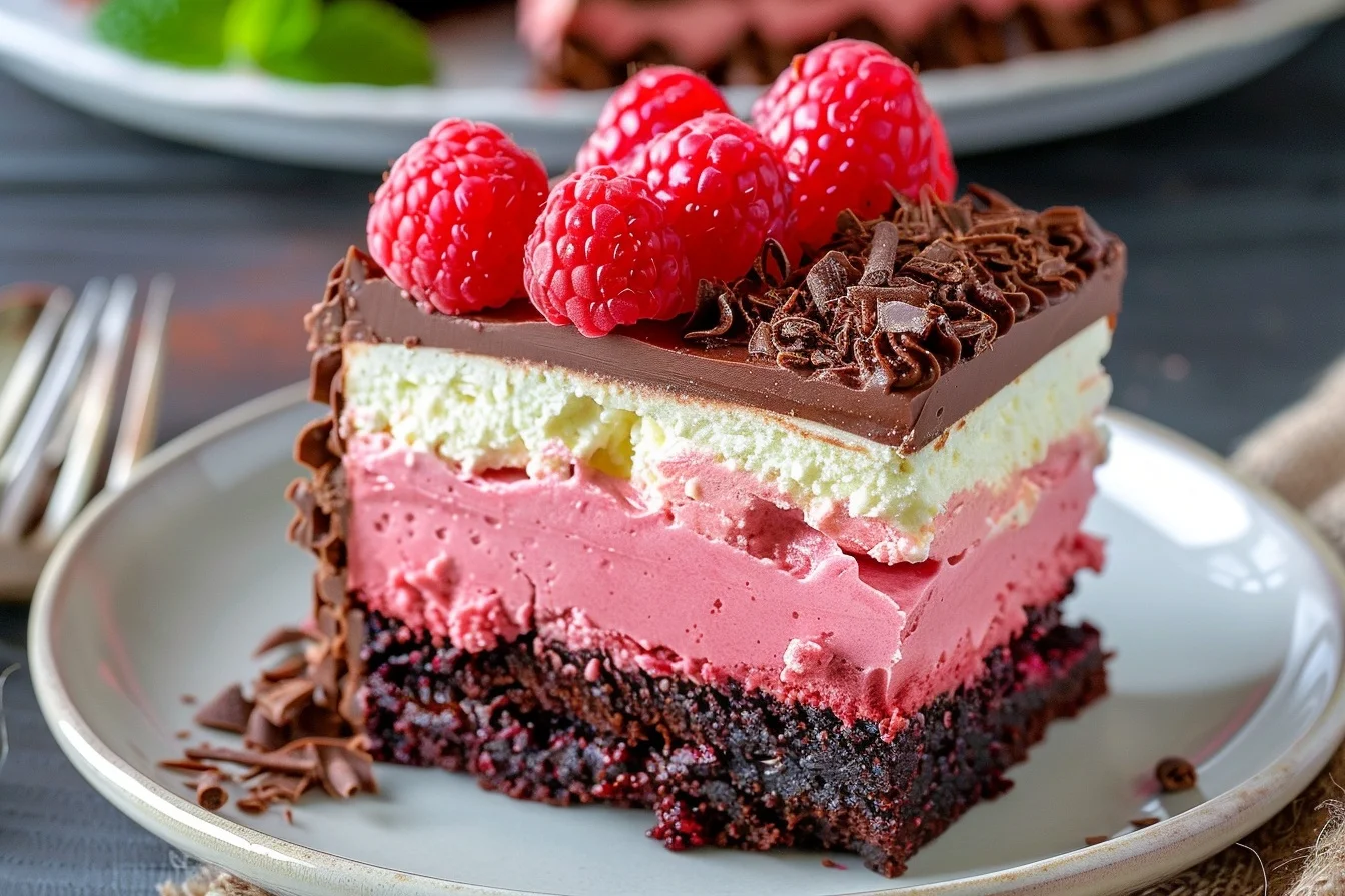 A decadent slice of chocolate raspberry mousse cake topped with fresh raspberries and chocolate shavings on a white plate