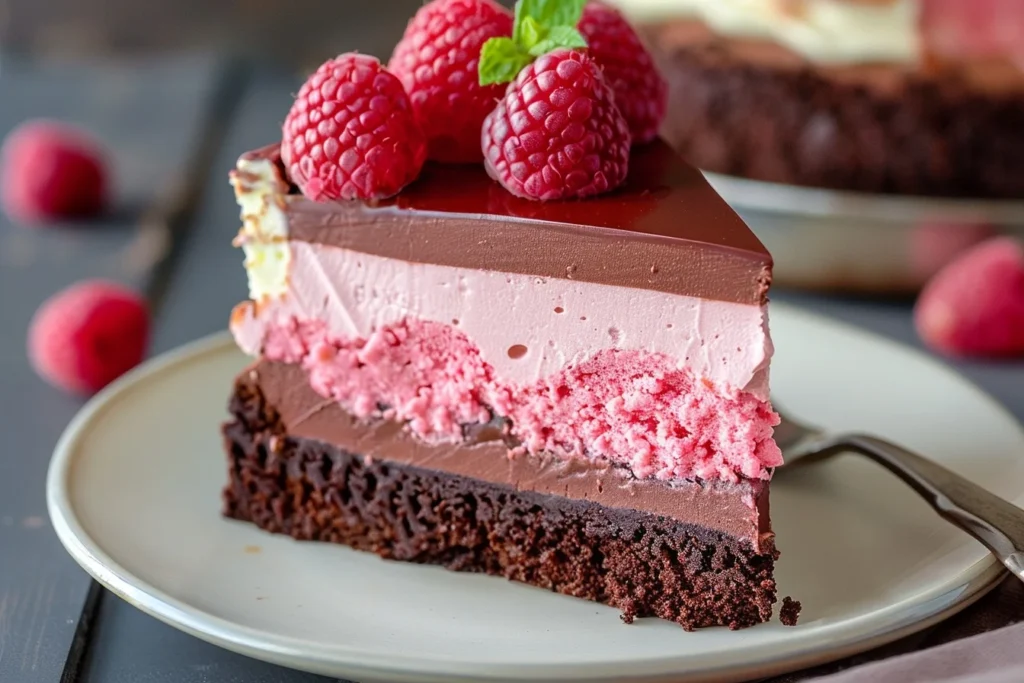 A decadent chocolate raspberry mousse cake topped with fresh raspberries and chocolate shavings