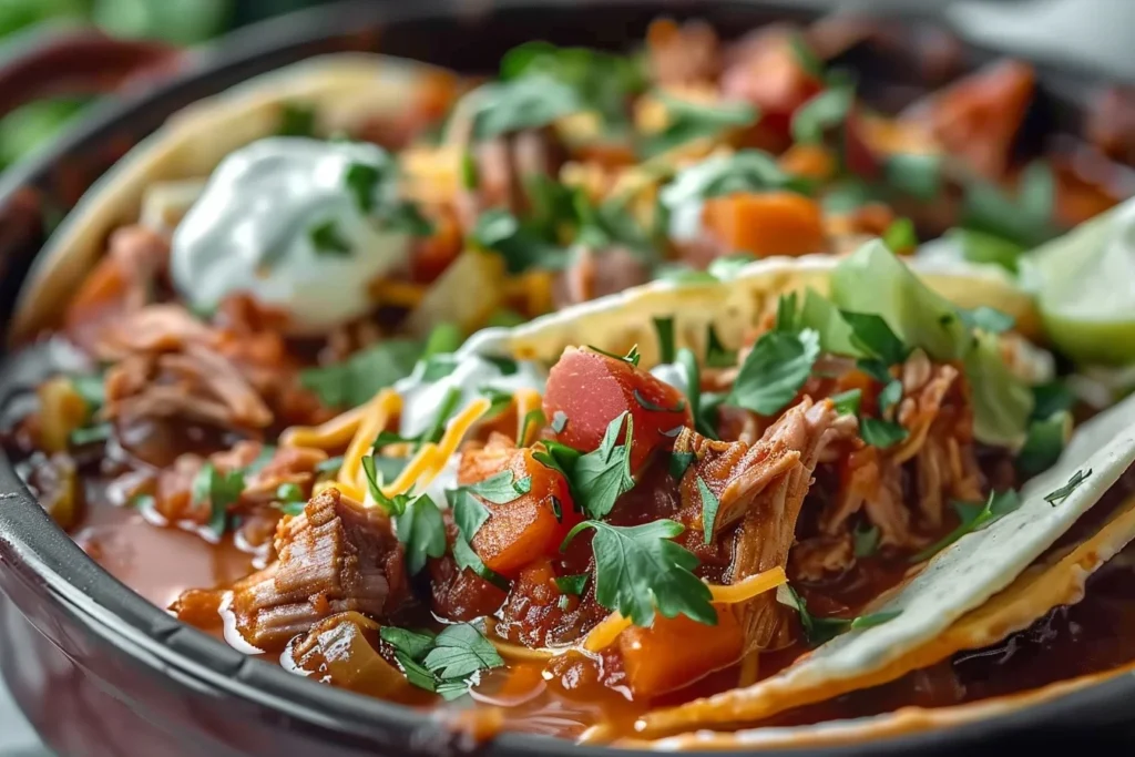 A bowl of shredded chicken tacos topped with fresh cilantro, lime, and avocado slices