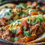 A bowl of shredded chicken tacos topped with fresh cilantro, lime, and avocado slices